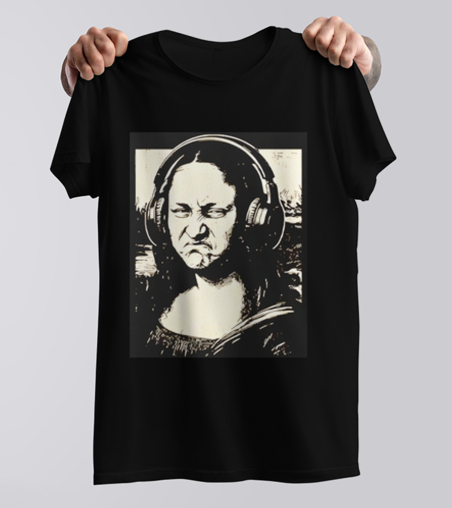 Mona Lisa Headphones Grumpy Expression Fusion T-Shirt