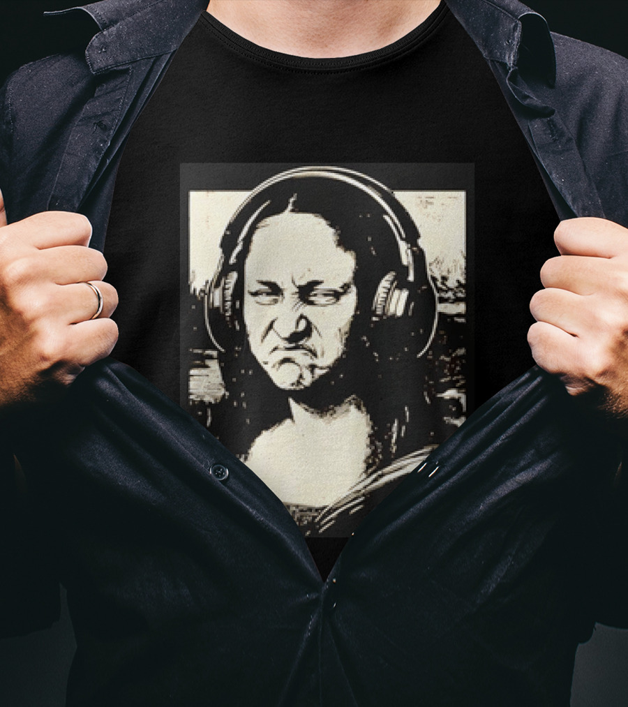 Mona Lisa Headphones Grumpy Expression Fusion T-Shirt