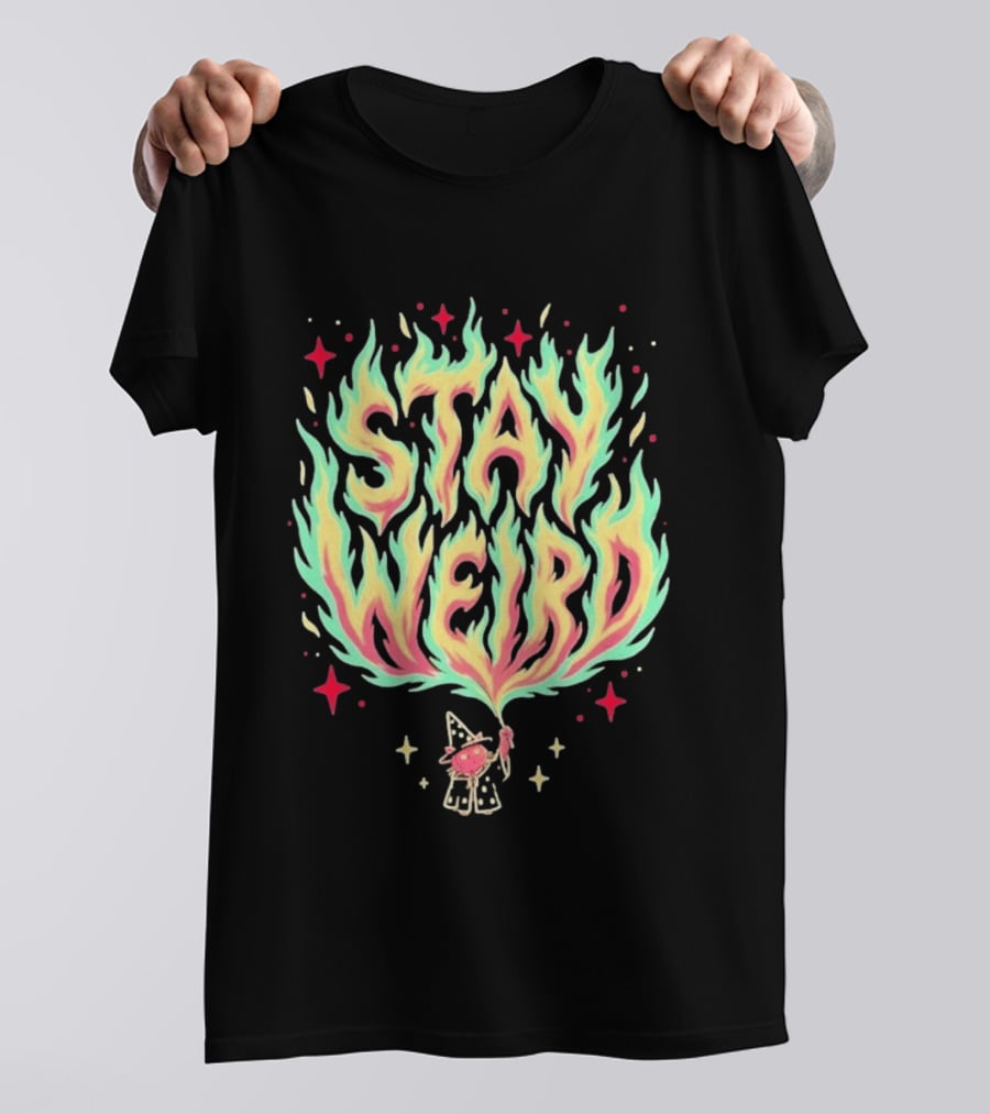 Stay Weird Magic Flames Wizard Cat Stars Cosmic T-Shirt
