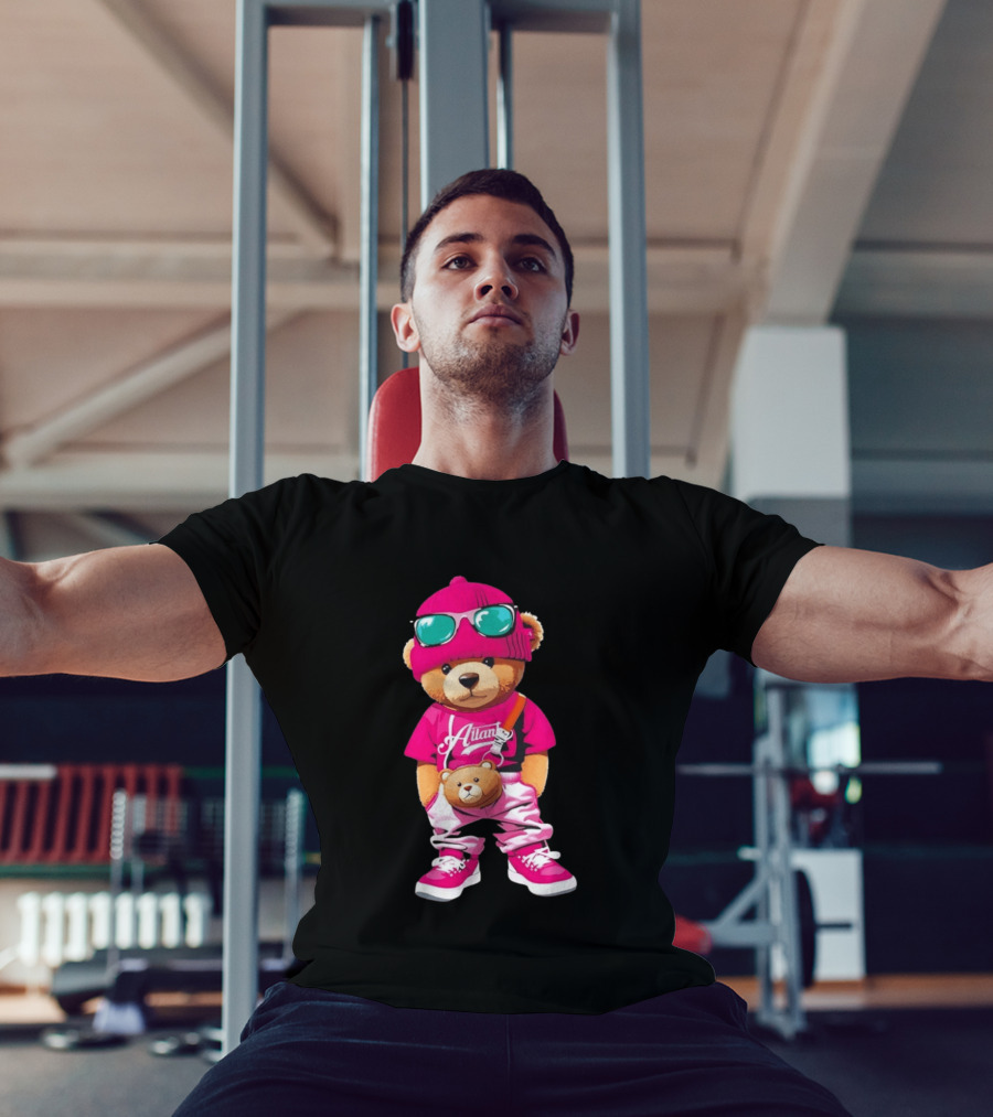 Ailan Teddy Bear Stylish Streetwear Outfit Pink Beanie Sunglasses And Bear Bag T-Shirt