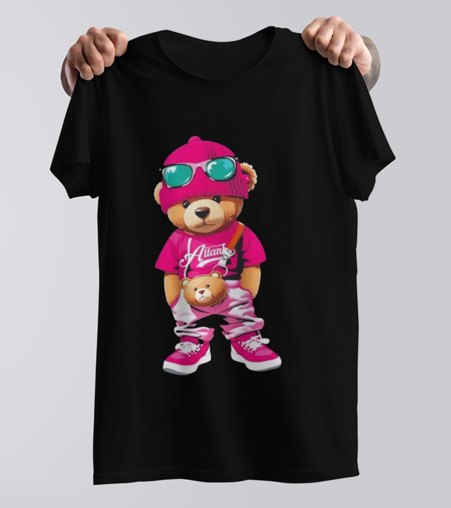 Ailan Teddy Bear Stylish Streetwear Outfit Pink Beanie Sunglasses And Bear Bag T-Shirt