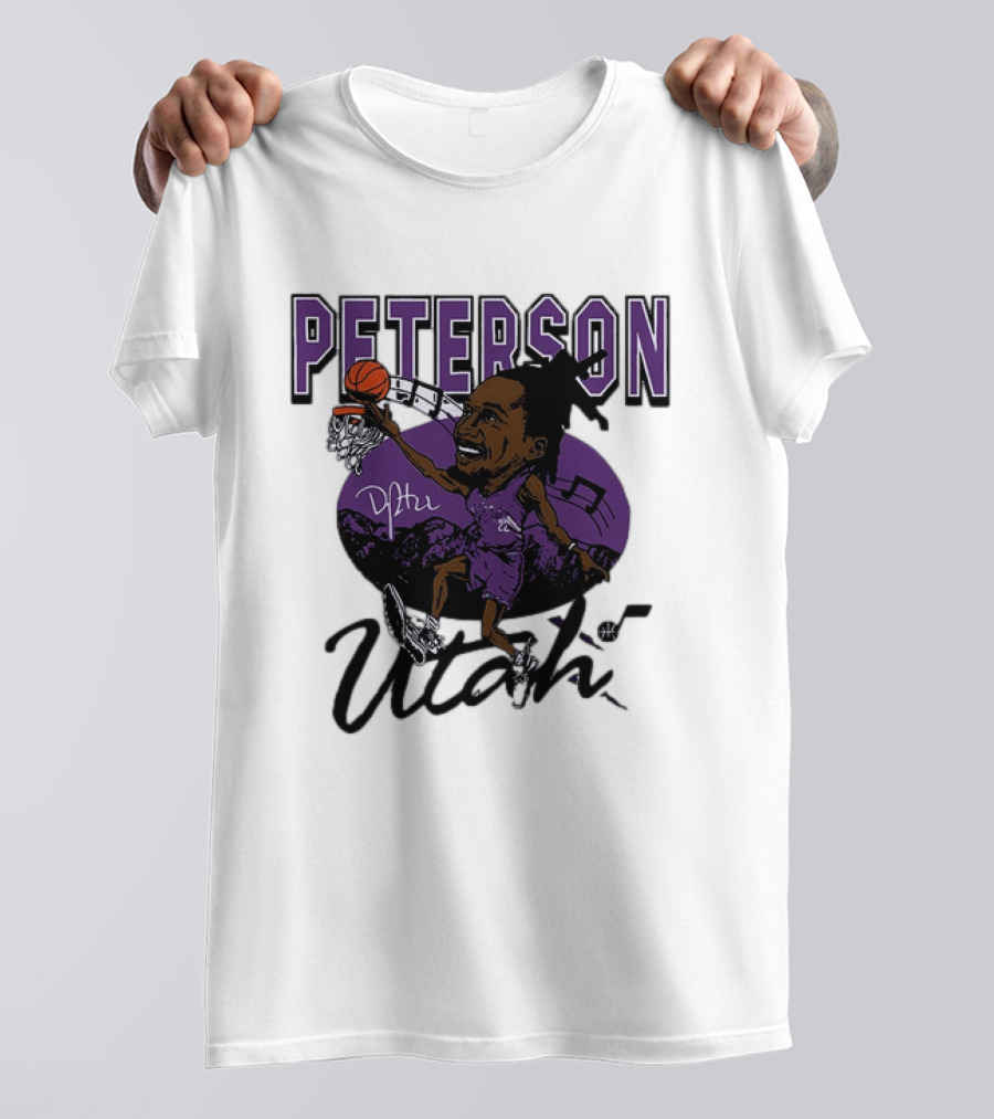 Peterson Utah Jazz NBA Basketball Caricature Purple Scene T-Shirt