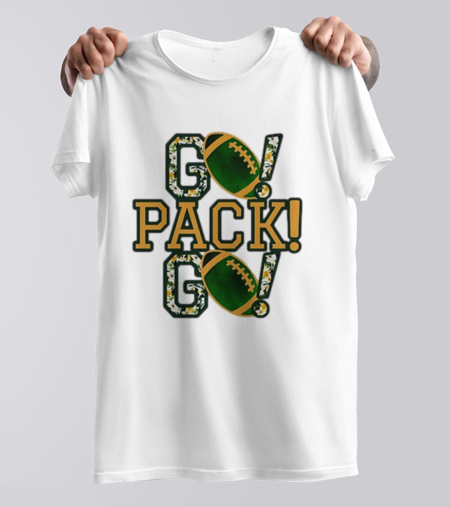 Packers Go Pack Go Football Floral Design With Green And Gold Footballs T-Shirt