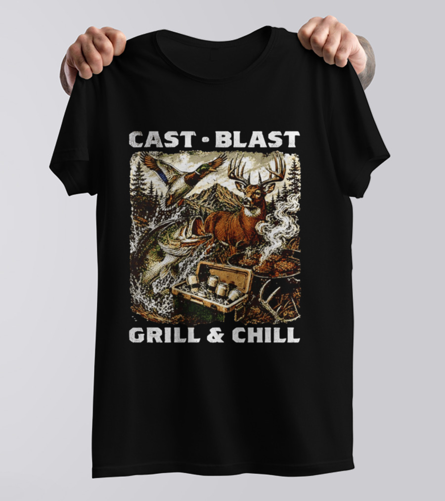 Cast Blast Grill & Chill Deer Fish Camping Scene T-Shirt
