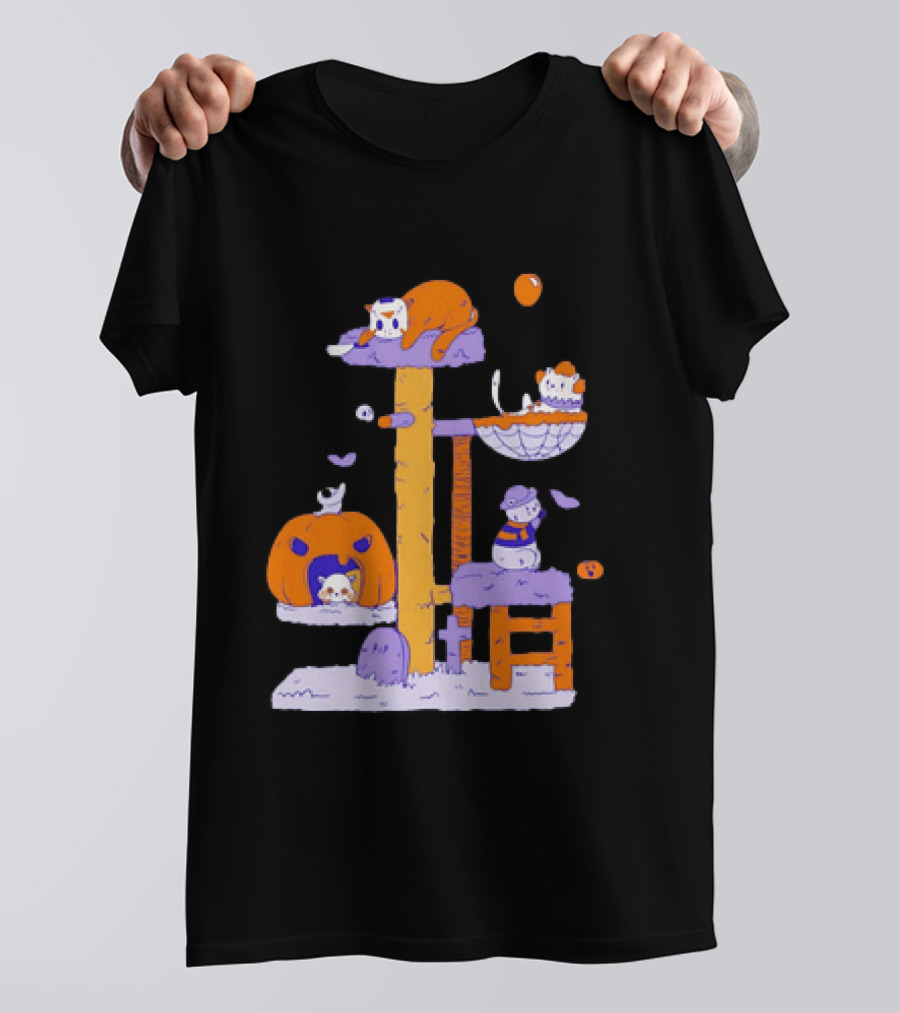 Cat Horror Pumpkin Tree Halloween Cats T-Shirt