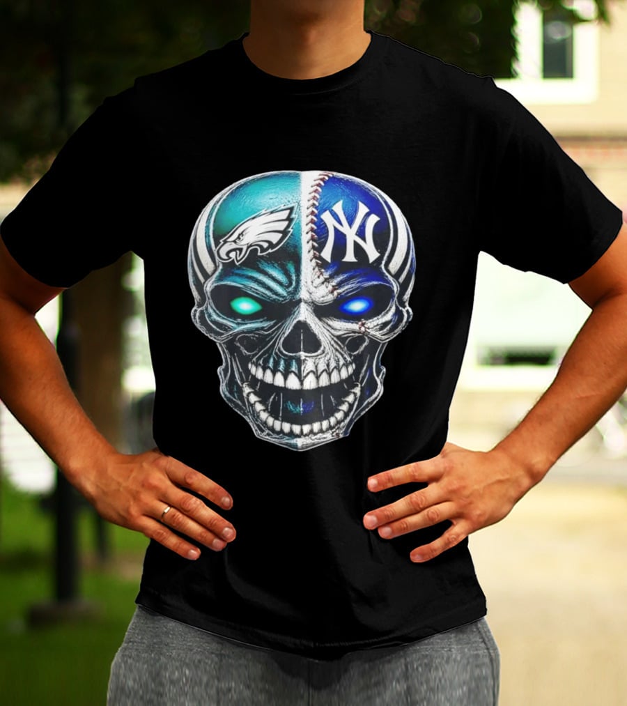 Philadelphia Eagles New York Yankees Skull Glow Eyes T-Shirt