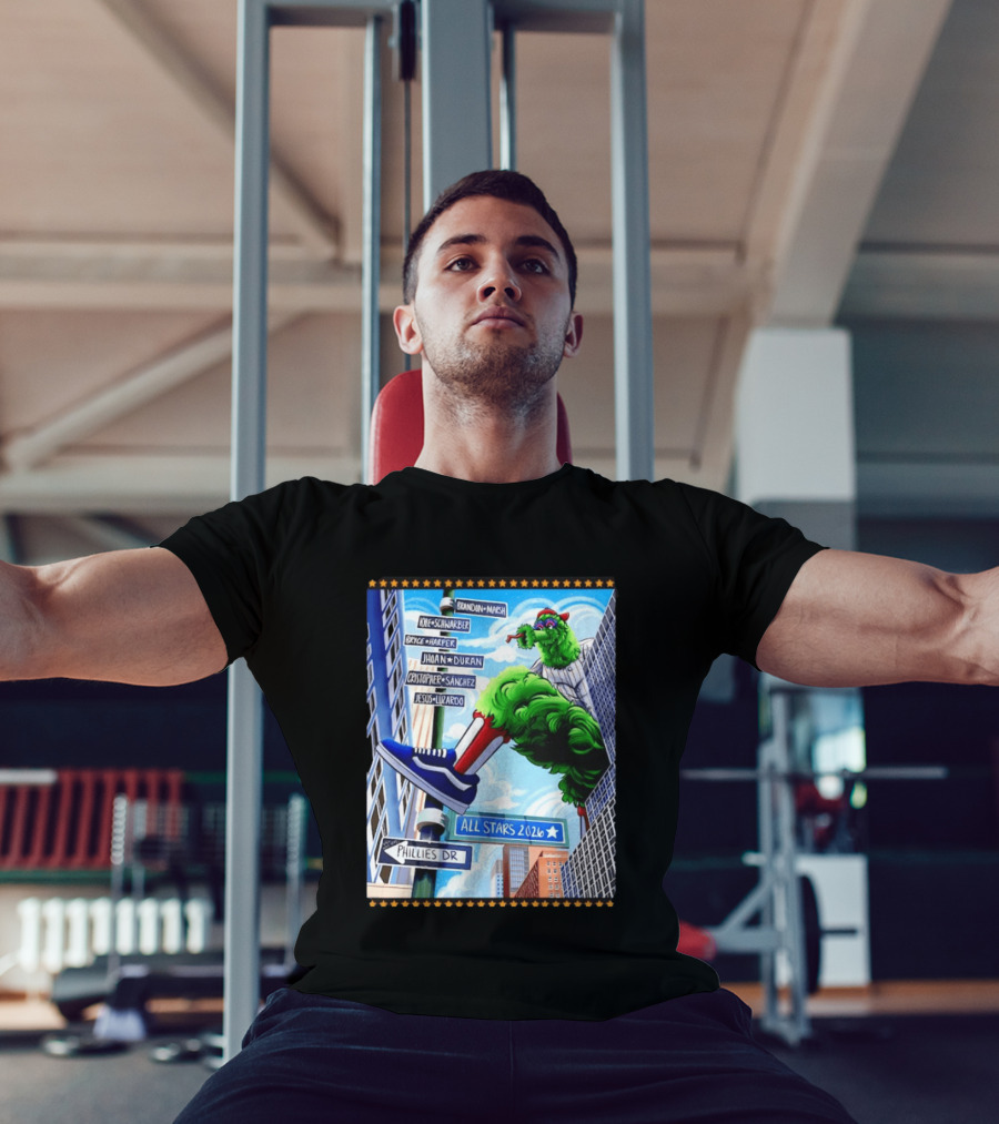 Phillies Dr Phillie Phanatic Brandon Marsh Kyle Schwarber Bryce Harper Johan Duran Christopher Sanchez Jesus Luzardo All Stars 2026 T-Shirt