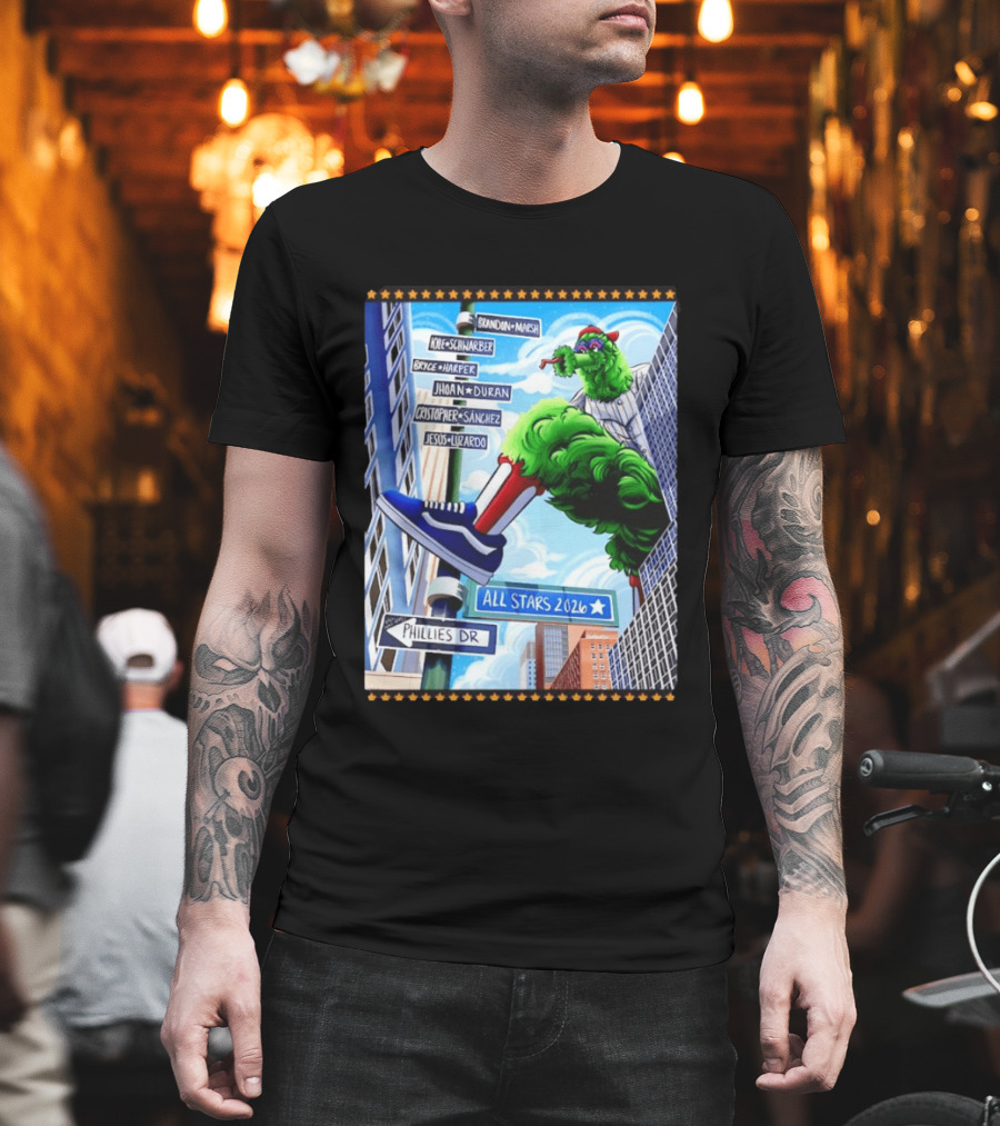 Phillies Dr Phillie Phanatic Brandon Marsh Kyle Schwarber Bryce Harper Johan Duran Christopher Sanchez Jesus Luzardo All Stars 2026 T-Shirt