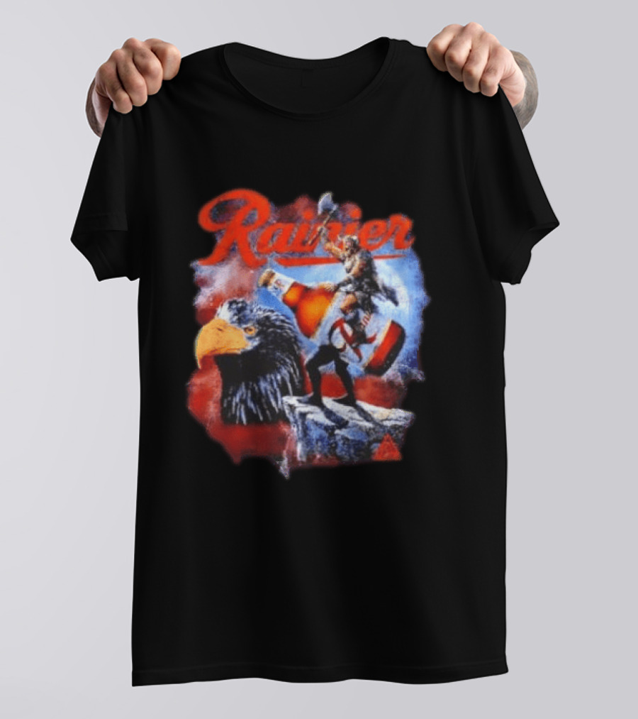 Rainier Beer Viking Holding Beer Riding Eagle On Rock T-Shirt