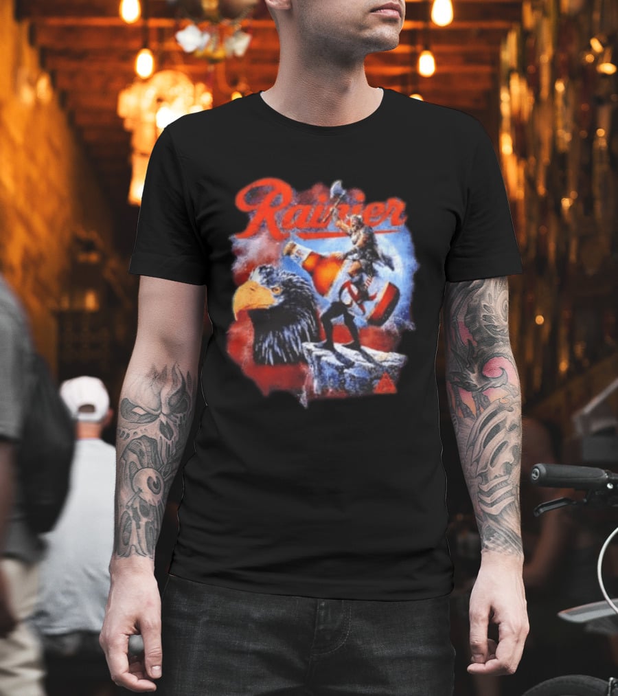 Rainier Beer Viking Holding Beer Riding Eagle On Rock T-Shirt
