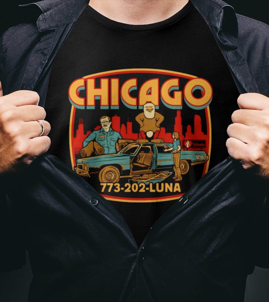 Chicago 773 202 Luna Sybaris Retro Car And Eagle Scene T-Shirt