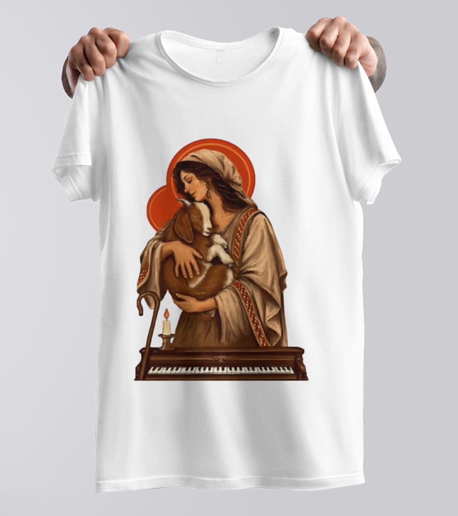 Woman Embracing Goat With Candle And Piano Halo T-Shirt