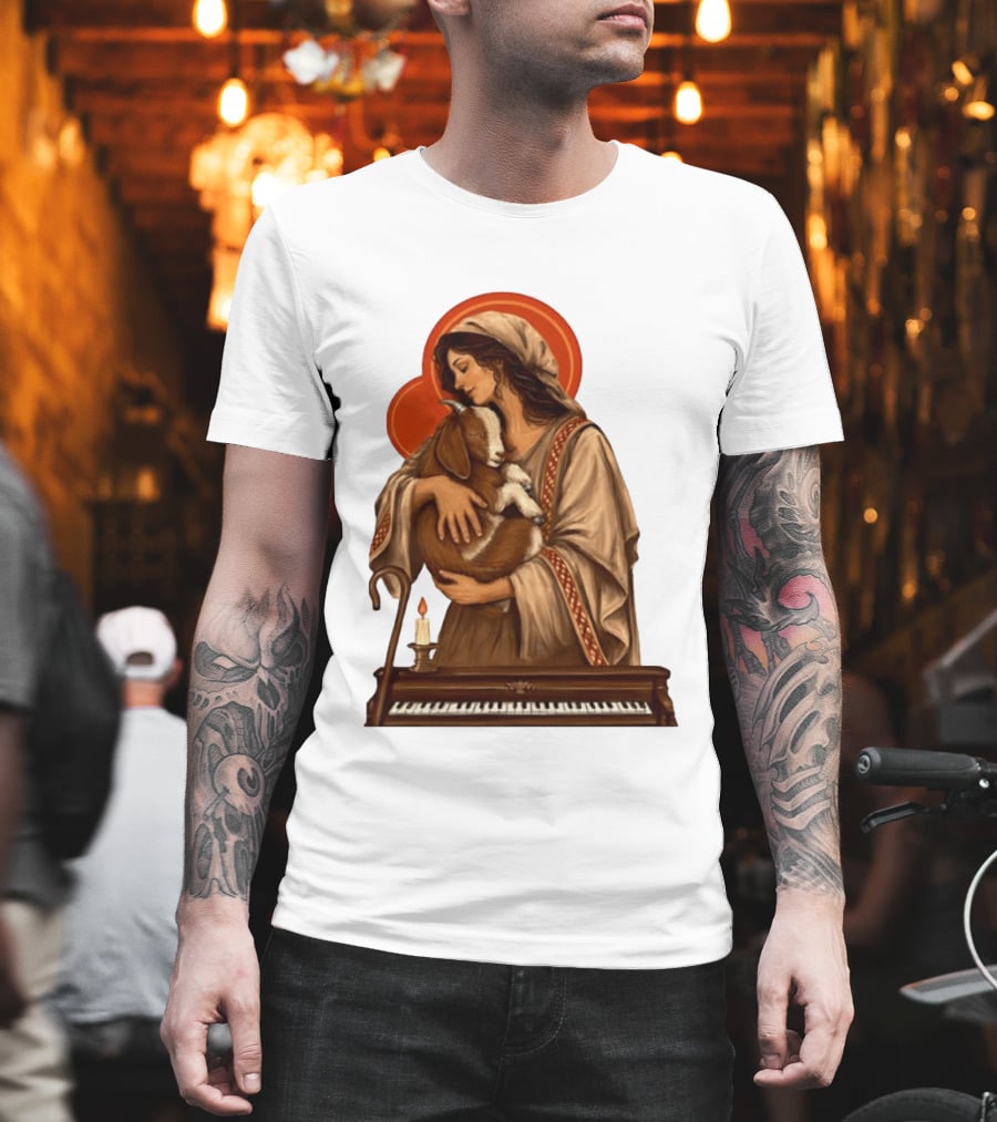 Woman Embracing Goat With Candle And Piano Halo T-Shirt