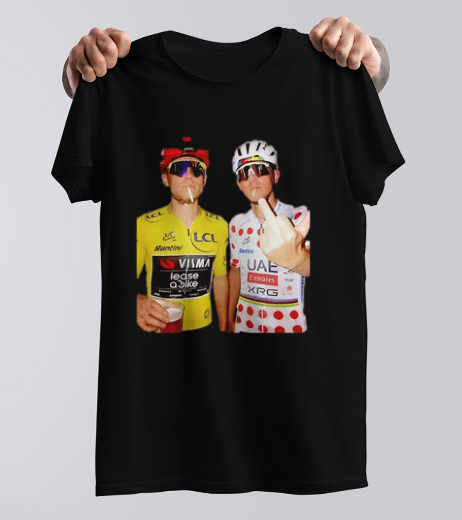 Jonas Vingegaard Tadej Pogačar 2026 Tour De France Visma UAE LCL Santini Emirates XRG Visor Beer Gesture T-Shirt