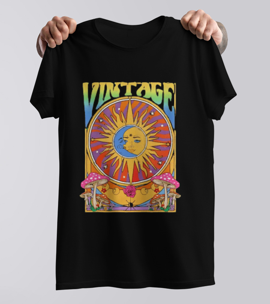 Vintage Sun Moon Celestial Psychedelic Mushrooms T-Shirt