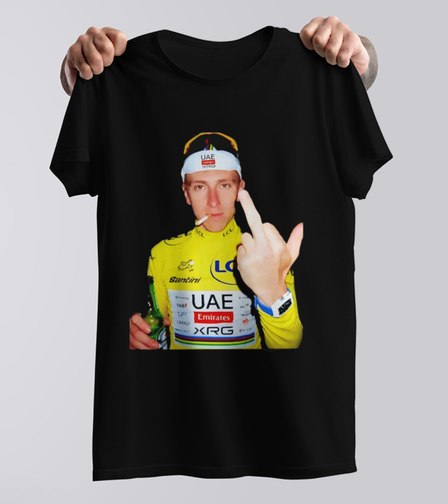 Tadej Pogačar Yellow Jersey Middle Finger Tour De France UAE Emirates LCL Santini T-Shirt
