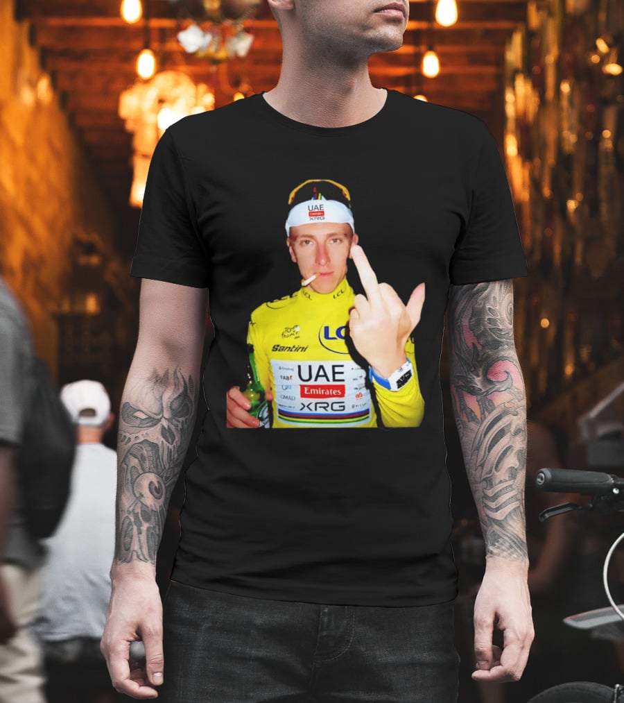 Tadej Pogačar Yellow Jersey Middle Finger Tour De France UAE Emirates LCL Santini T-Shirt
