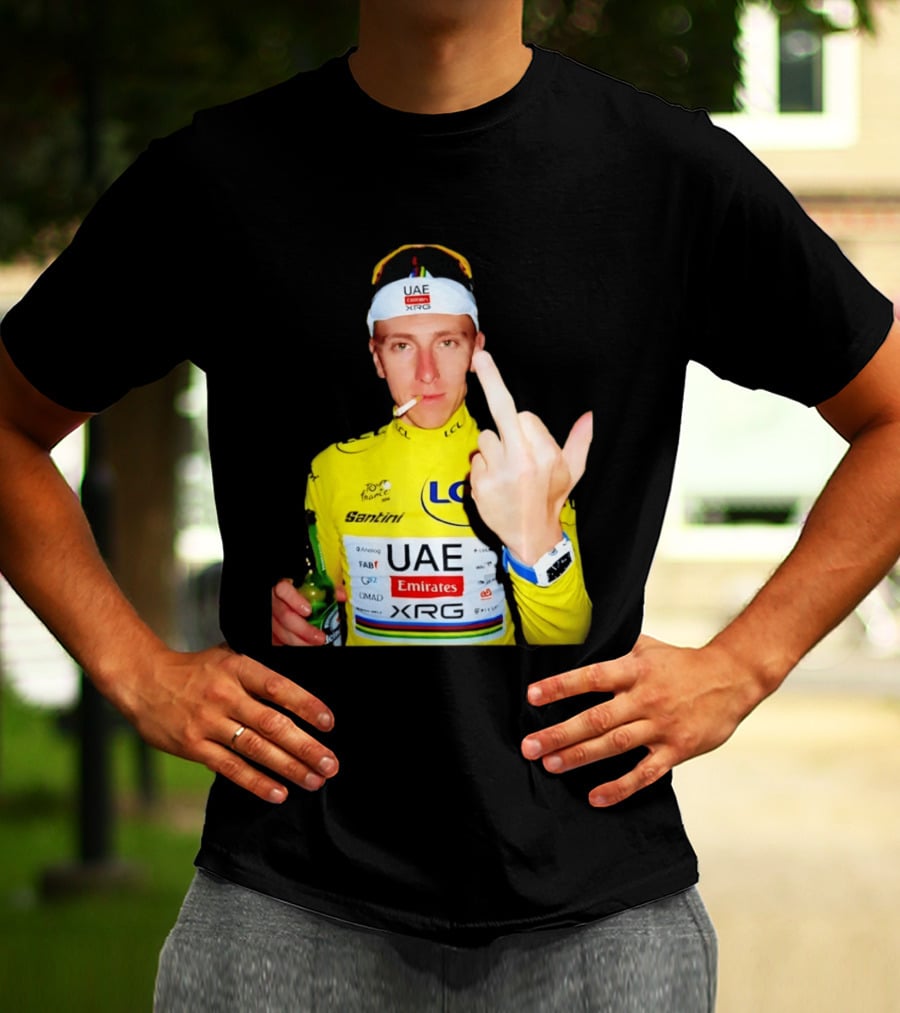 Tadej Pogačar Yellow Jersey Middle Finger Tour De France UAE Emirates LCL Santini T-Shirt