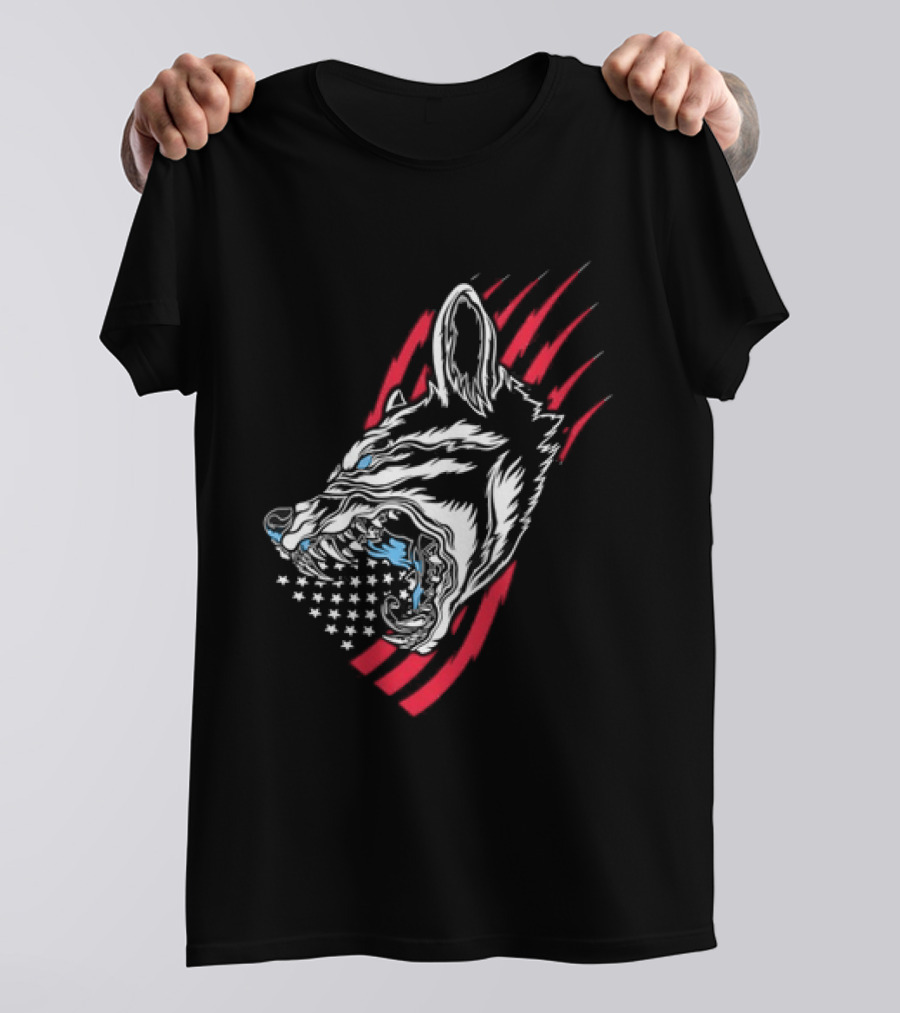 Wolf Snarling With Stars And Stripes American Flag T-Shirt