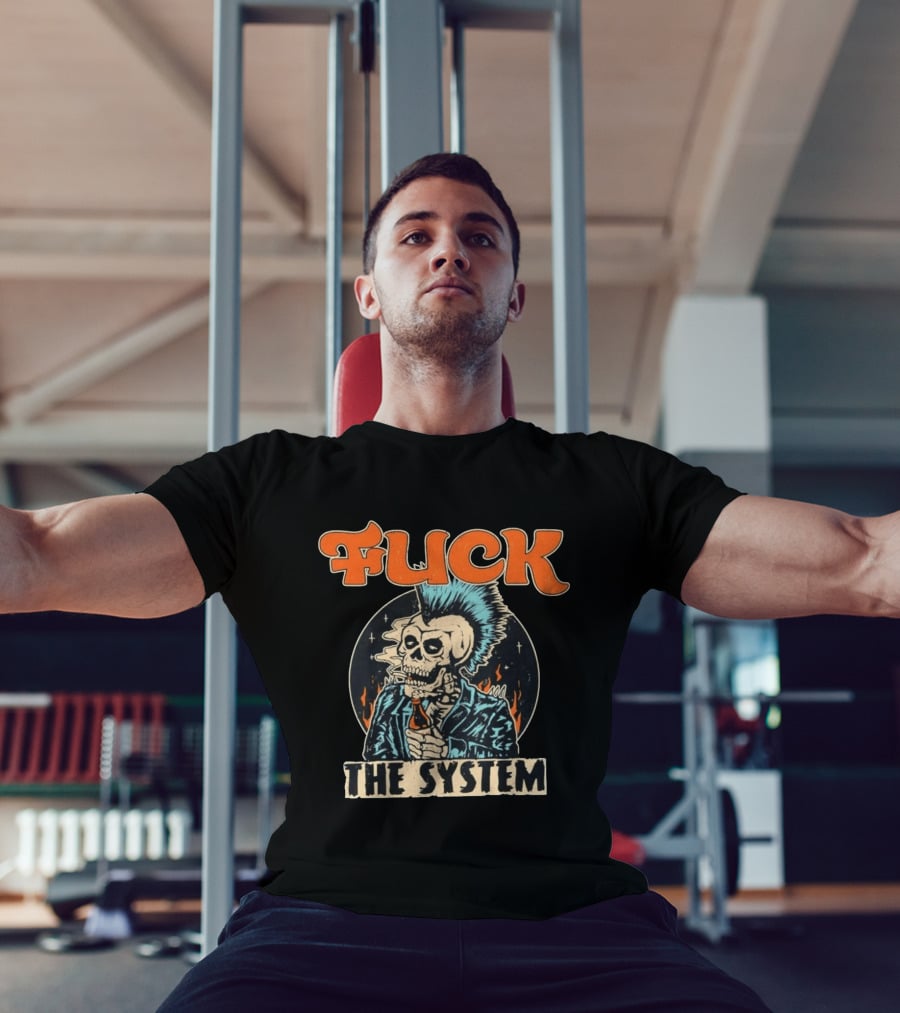 Fuck The System Punk Skeleton Smoking Beer Mohawk Jacket Spikes T-Shirt