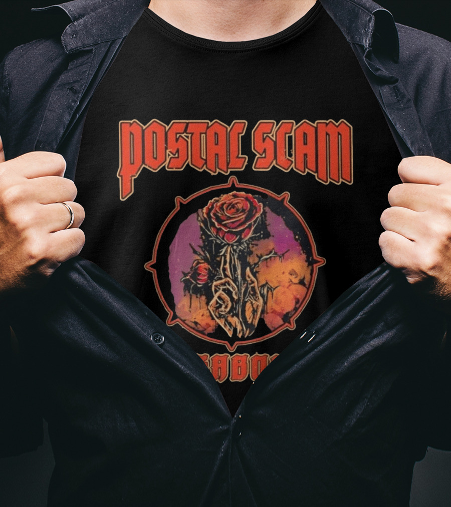 Postal Scam Vagabond Rose Skull Skeleton Hand Heavy Metal T-Shirt