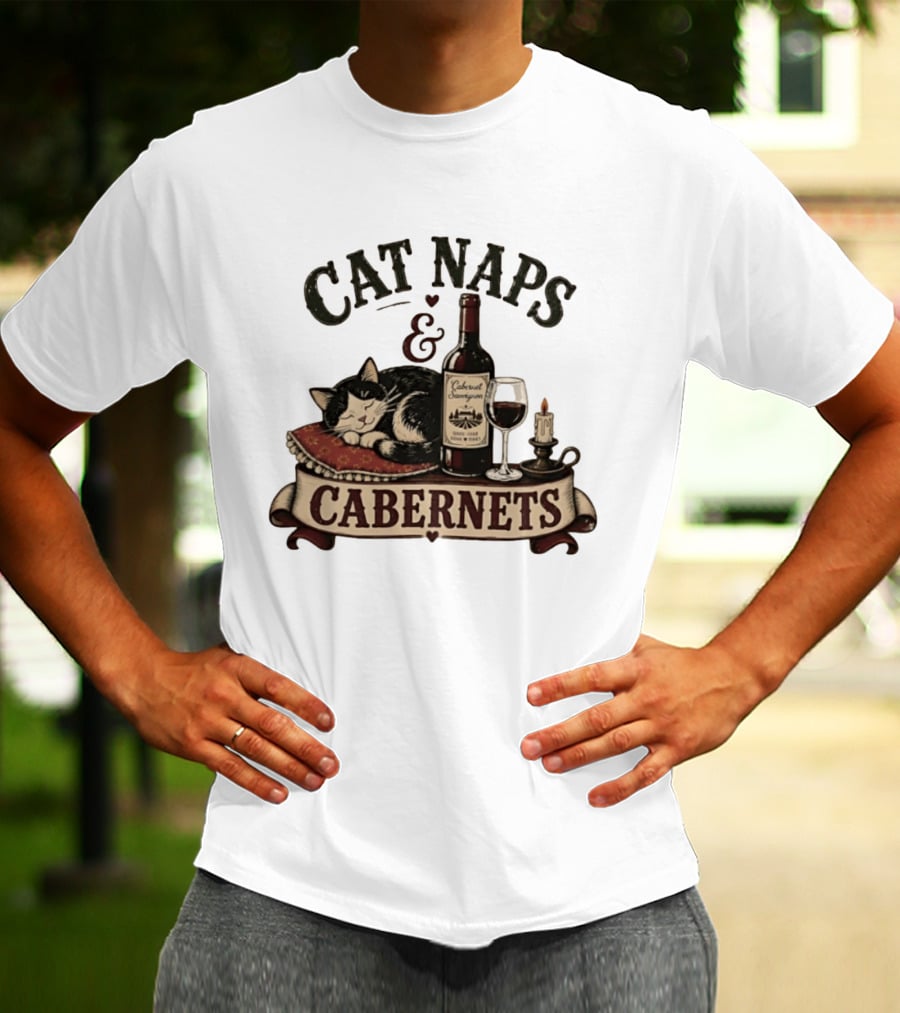 Cat Naps And Cabernet Sauvignon With Cozy Cat And Candle T-Shirt