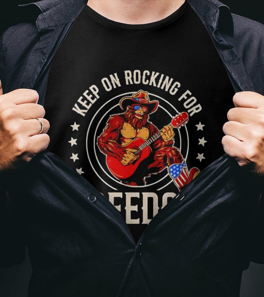 Keep On Rocking For Freedom Bigfoot Sasquatch American Flag Patriotic Guitar T-Shirt