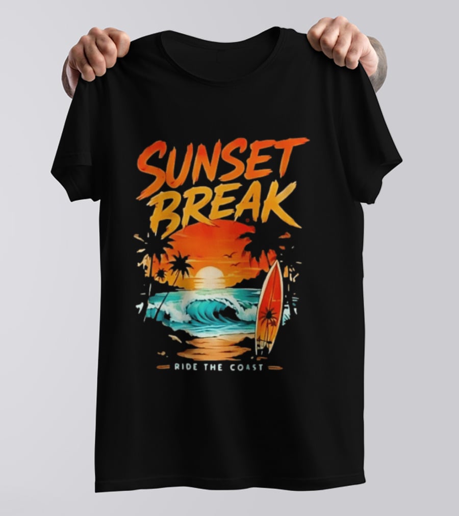 Sunset Break Surfing Ride The Coast Ocean Waves And Surfboard Scene T-Shirt