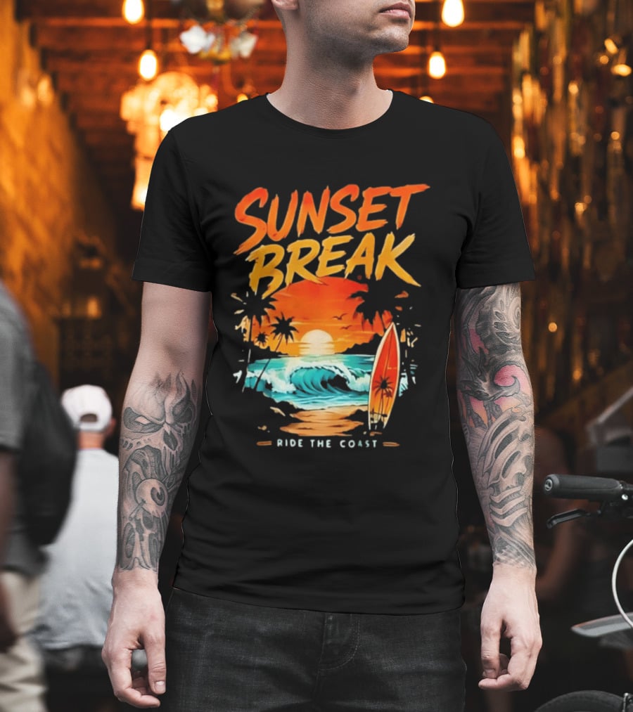 Sunset Break Surfing Ride The Coast Ocean Waves And Surfboard Scene T-Shirt