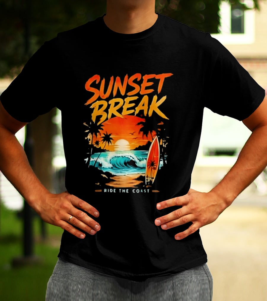 Sunset Break Surfing Ride The Coast Ocean Waves And Surfboard Scene T-Shirt