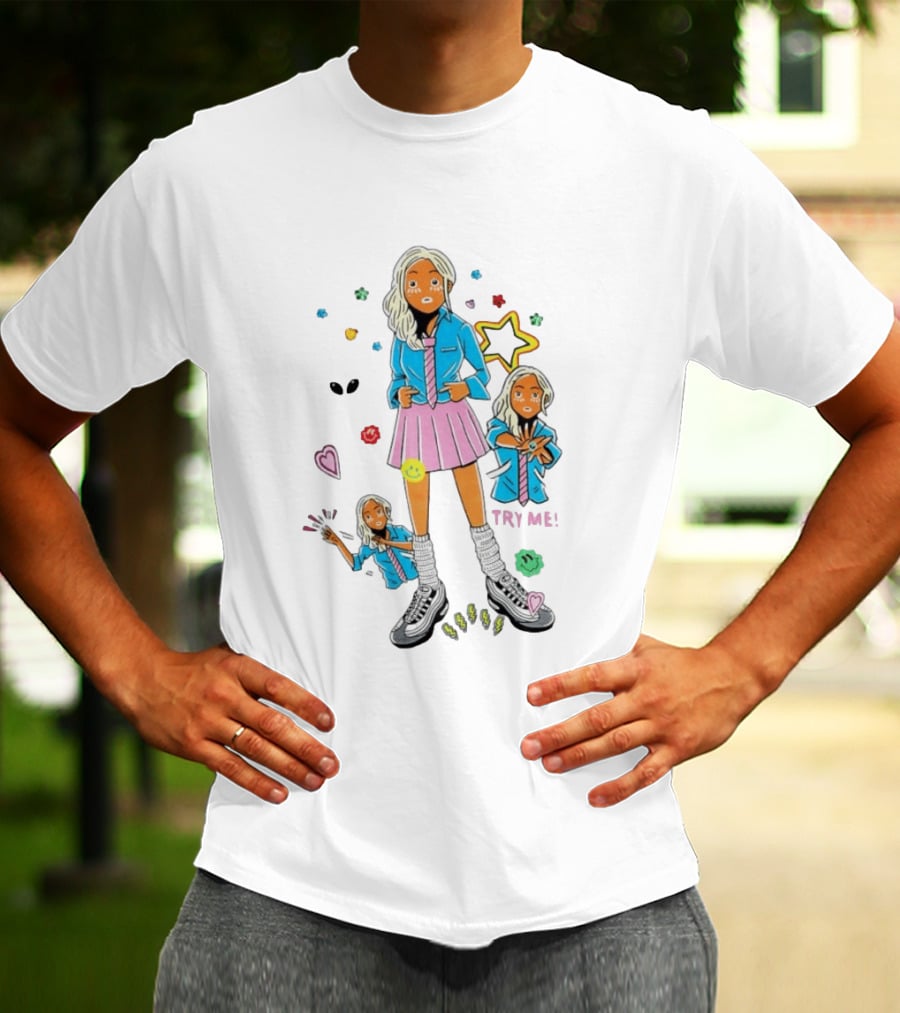 Anime School Girl Try Me Aesthetic Sticker Pastel Kawaii Vibe T-Shirt