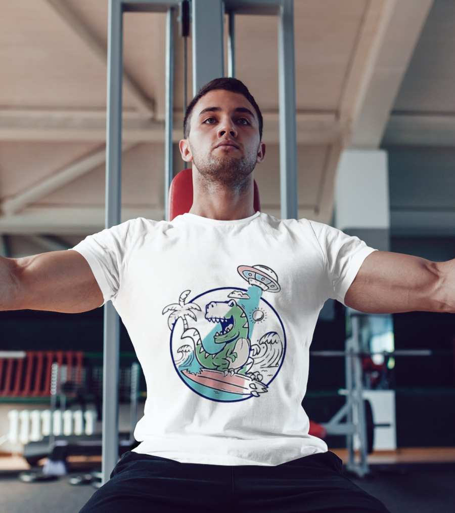 UFO Surfing Dinosaur With Palm Trees And Waves T-Shirt