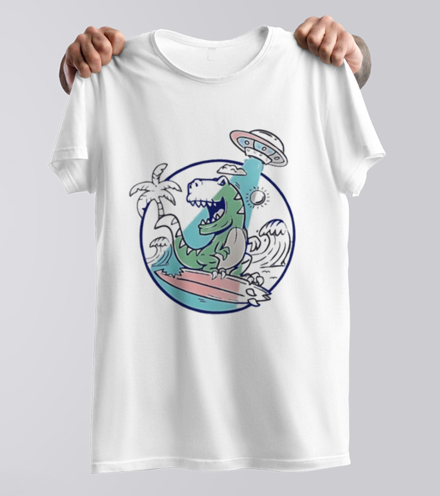 UFO Surfing Dinosaur With Palm Trees And Waves T-Shirt