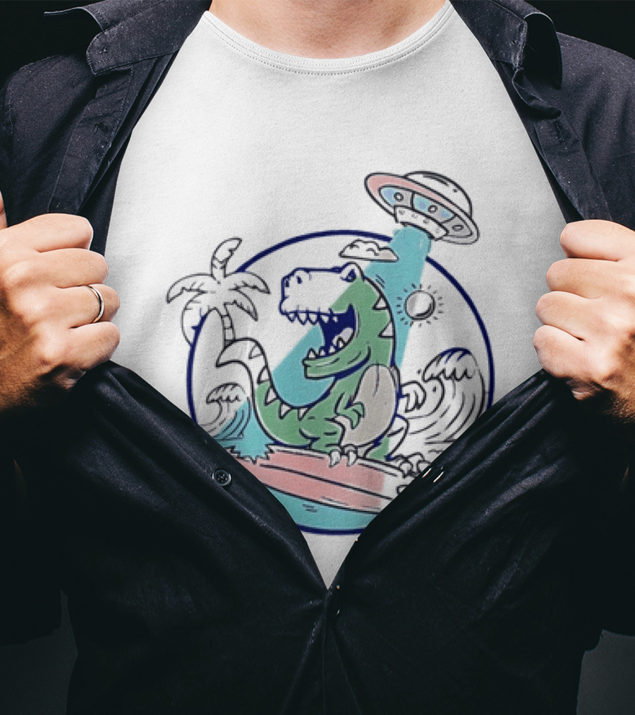 UFO Surfing Dinosaur With Palm Trees And Waves T-Shirt