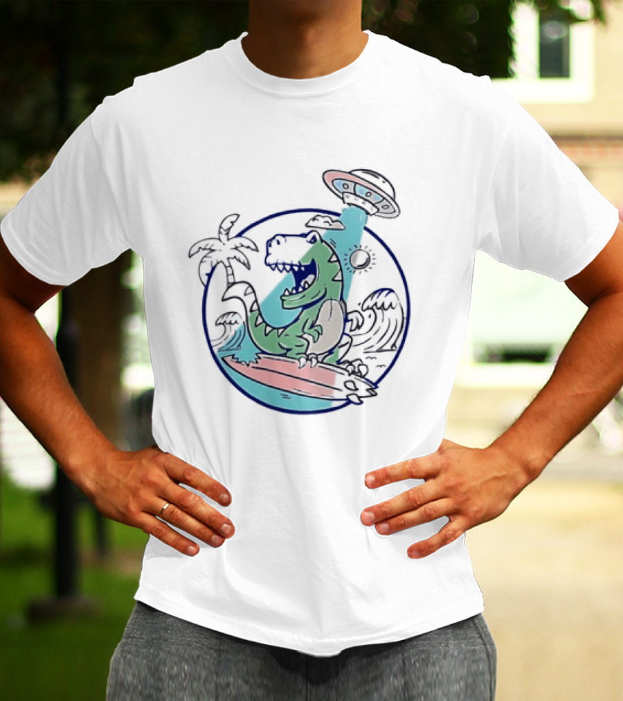 UFO Surfing Dinosaur With Palm Trees And Waves T-Shirt