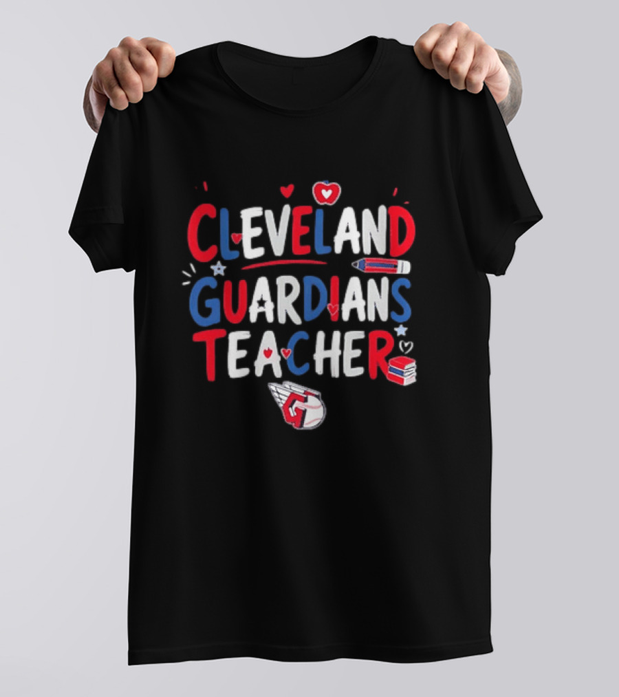 Cleveland Guardians Teacher Apple Pencil Baseball Heart Stars T-Shirt