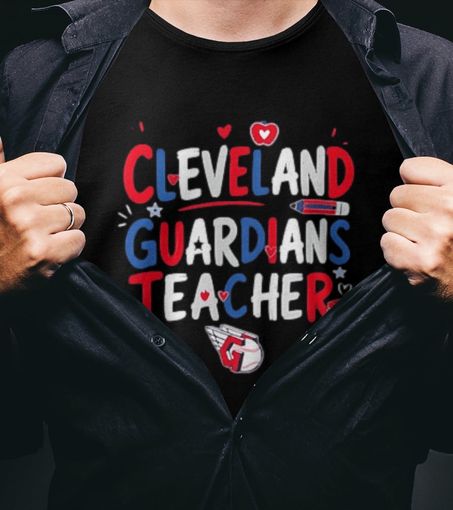 Cleveland Guardians Teacher Apple Pencil Baseball Heart Stars T-Shirt