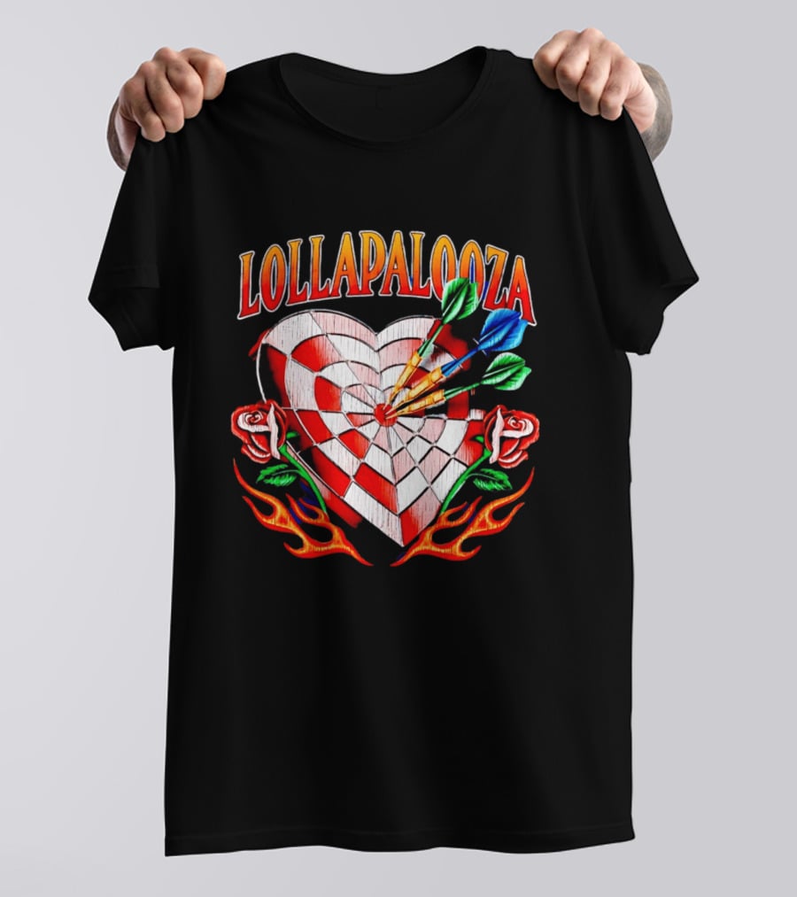 Lollapalooza Heart Dartboard With Roses And Flames T-Shirt