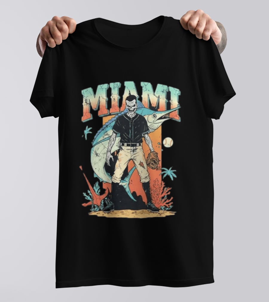 Miami Marlins Skeleton Baseball Player With Marlin And Tropical Vibes T-Shirt