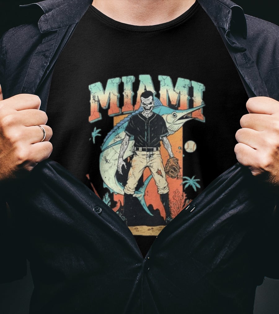 Miami Marlins Skeleton Baseball Player With Marlin And Tropical Vibes T-Shirt