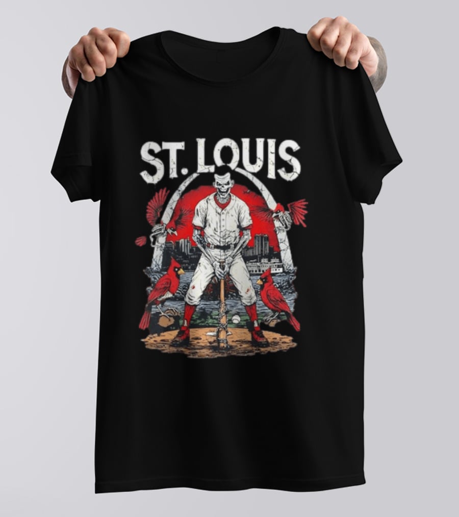 St. Louis Baseball Skeleton With Cardinals And Arch T-Shirt