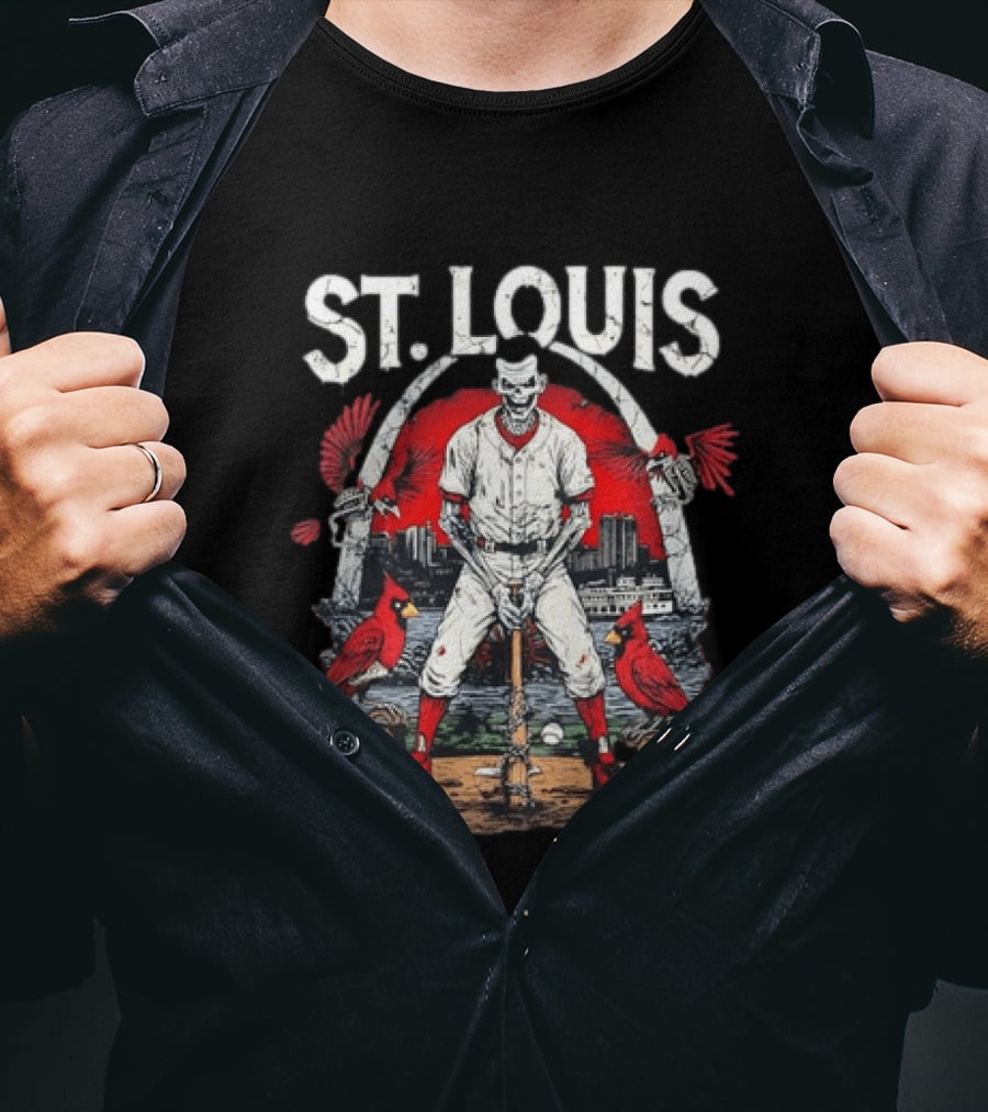 St. Louis Baseball Skeleton With Cardinals And Arch T-Shirt