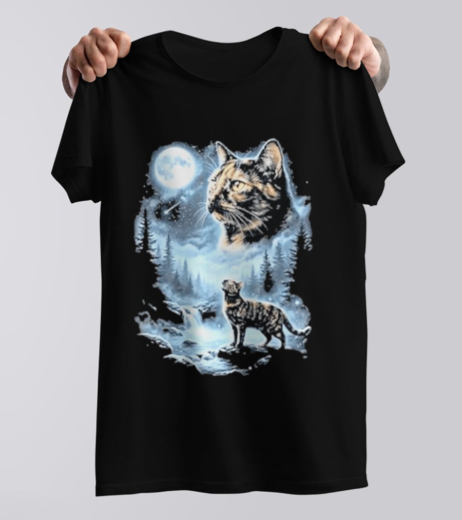 Tabby Cat Howling To The Moon Halloween Forest Scene T-Shirt