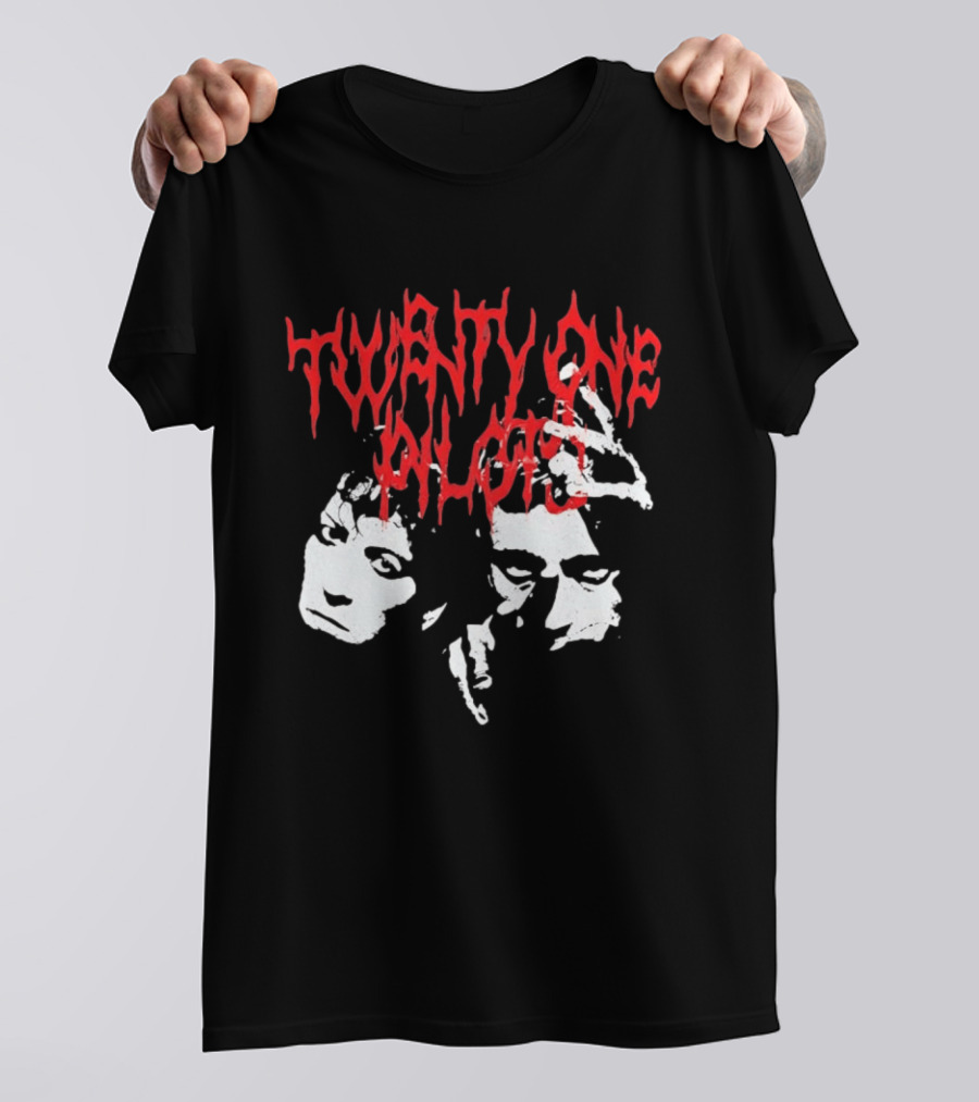 Twenty One Pilots Red Text Band Members Faces Dark Metal T-Shirt