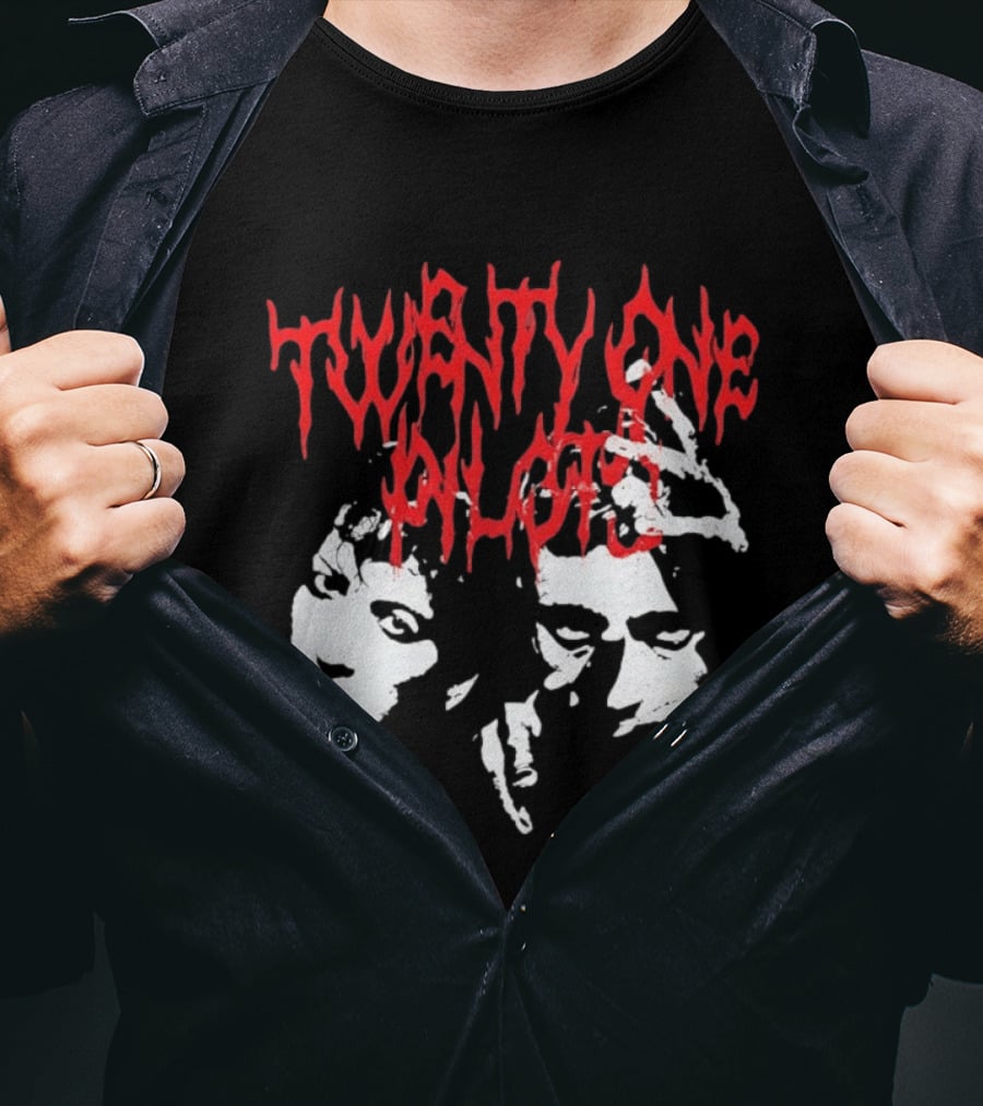 Twenty One Pilots Red Text Band Members Faces Dark Metal T-Shirt