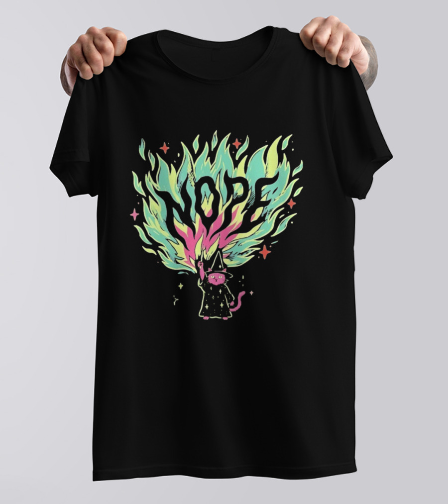 NOPE Wizard Cat Fire Magic Spell Casting Mystical Fantasy Kitten T-Shirt