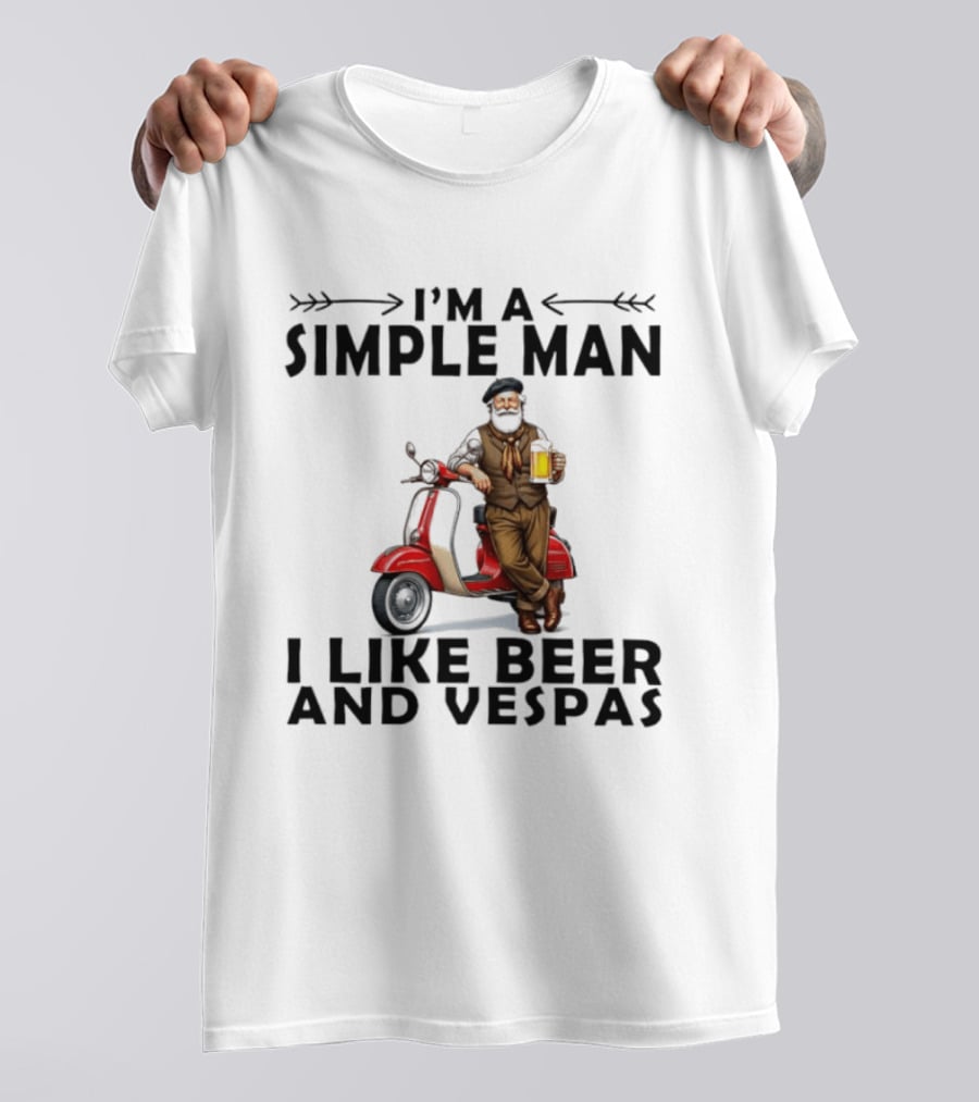 I'm A Simple Man I Like Beer And Vespas Man With Beer And Scooter T-Shirt