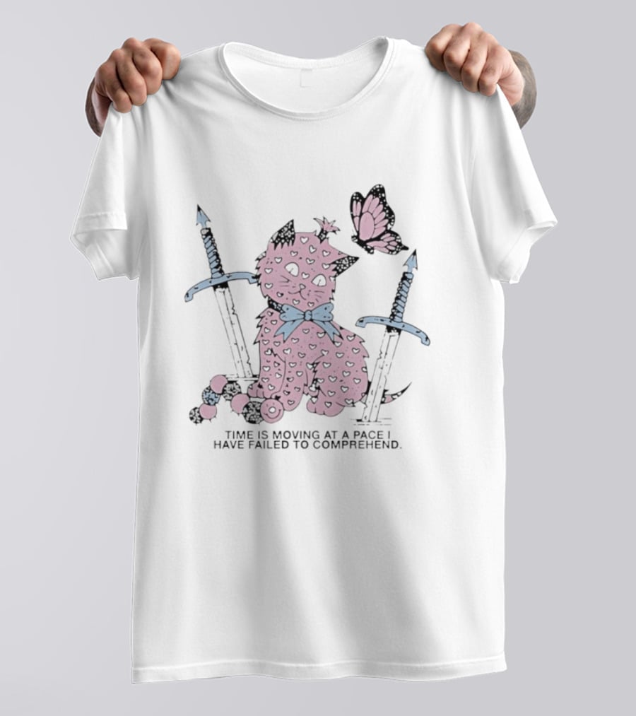 Pink Cat Butterfly Swords Time Is Moving At A Pace I Have Failed To Comprehend T-Shirt