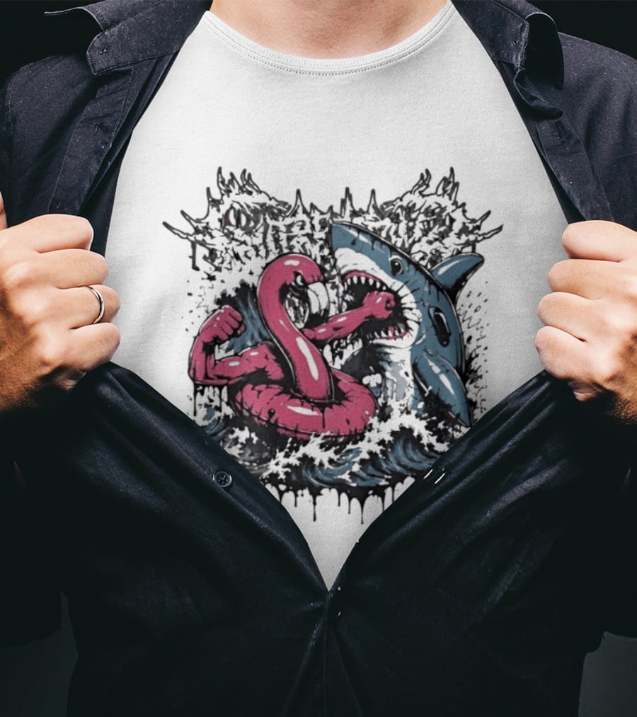 Flamingo Float Shark Fight Waves Duel T-Shirt