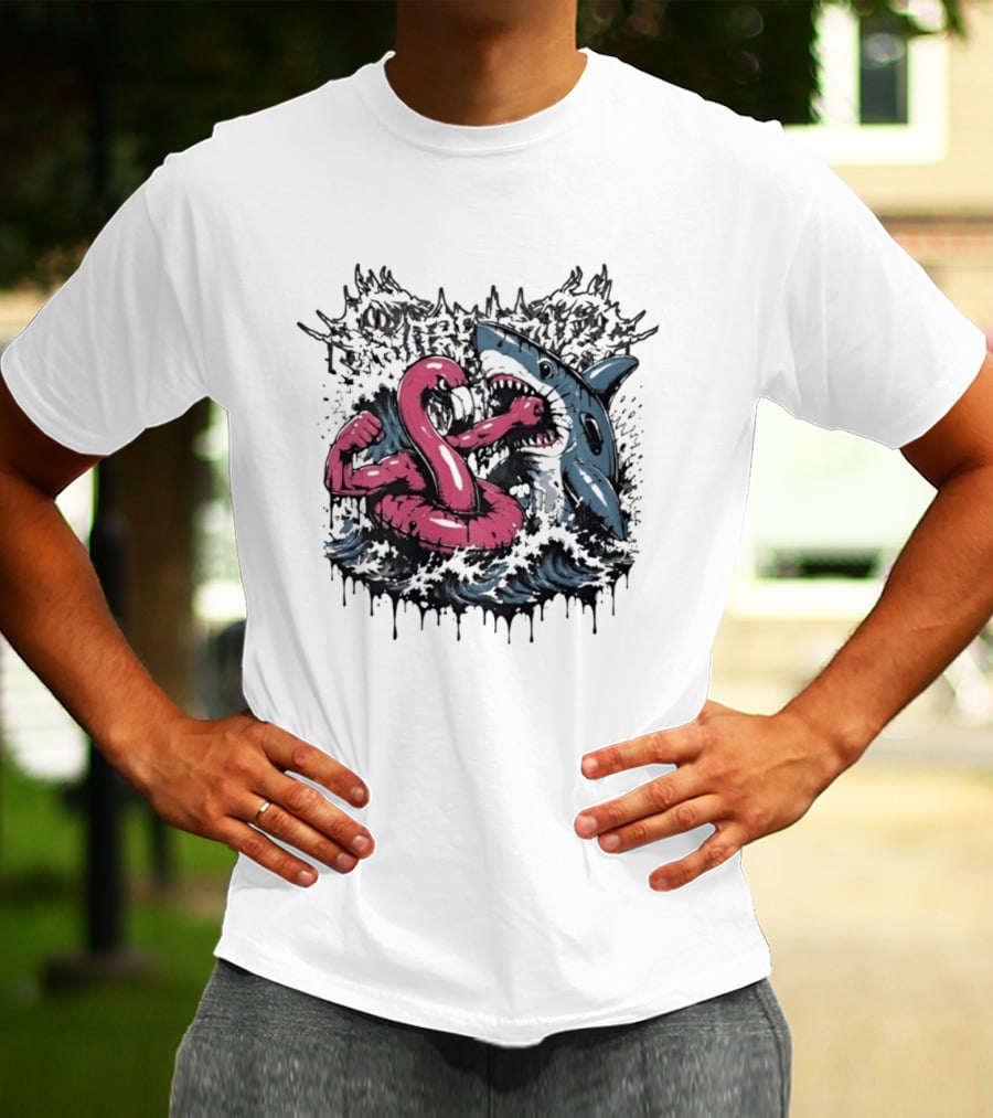 Flamingo Float Shark Fight Waves Duel T-Shirt
